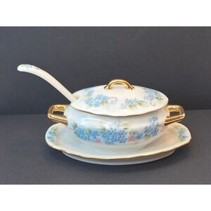 Hand Painted Forget Me Not Porcelain Sugar Bowl- Dish with Spoon Dorothea Atkins